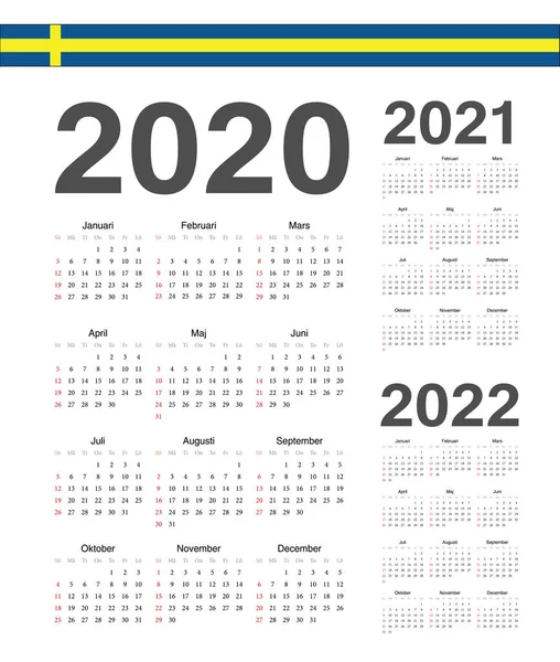 Készlet svéd 2020, 2021, 2022 éves vektoros naptárak. — Stock Vector