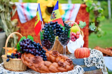 Moldova bağımsızlık günü 27 Ağustos kutladı. Moldova Ulusal kimlik unsurları: tricolor bayrak, üzüm asmaları, asma, şarap varil ve pişmiş ekmek (colacul). Afiş, kapaklar ve diğer tasarım projeleri için kavramsal resim.