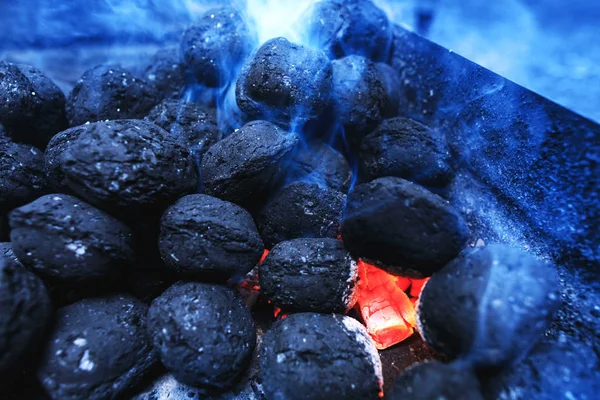 Hot Flaming Charcoal Briquettes Glowing Barbeque Grill Pit Real Burning — Stock Photo, Image