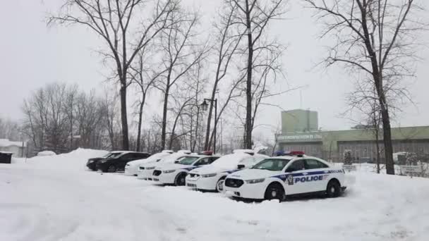 カナダ ケベック州ラヴァル 2019 警察のパトロール車は雪嵐の中に駐車場に駐車 たくさんの警察活動に出る前に 冬の季節に行に駐留警察車 ビデオ — ストック動画