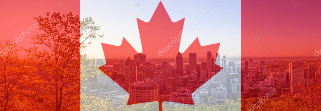 Canada Day flag with maple leaf on background of Montreal city. Red canadian symbol over buildings of Montreal town at Canada National Day of 1st July. Happy Canada Holiday celebrated in summer season.