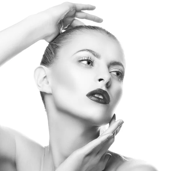 Retrato Mujer Con Labios Rojos Esmalte Uñas Azul — Foto de Stock