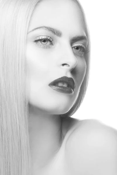 Portrait Woman Modern Red Lips Makeup White Background — Stok Foto