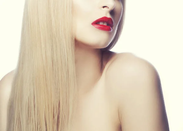 Vista Parcial Del Retrato Mujer Con Maquillaje Moderno Labios Rojos — Foto de Stock