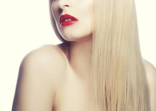 Vista Parcial Del Retrato Mujer Con Maquillaje Moderno Labios Rojos —  Fotos de Stock