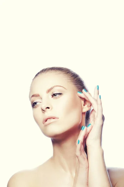 Portrait Young Woman Natural Makeup Blue Nail Polish — Stock Photo, Image