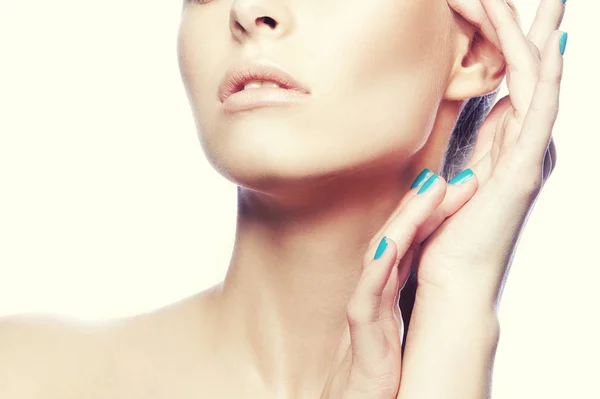 Cropped Portrait Woman Natural Makeup Blue Nail Polish — Stock Photo, Image
