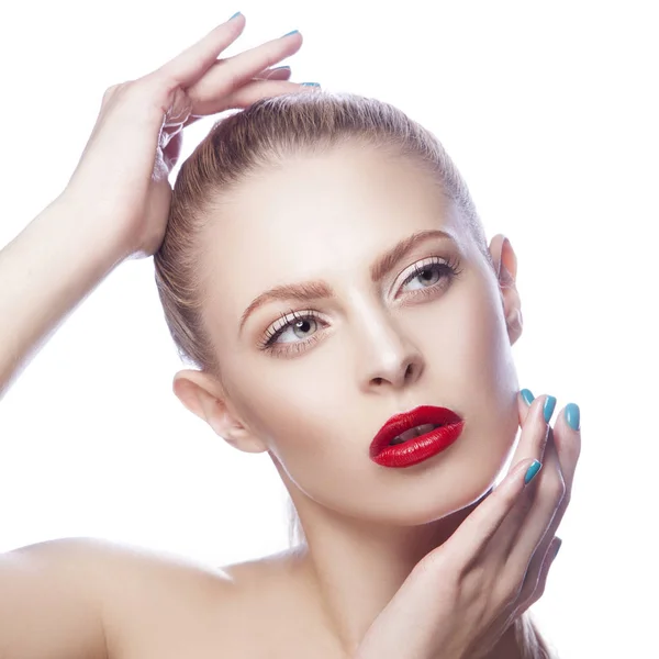 Portrait Woman Red Lips Blue Nail Polish — Stock Photo, Image