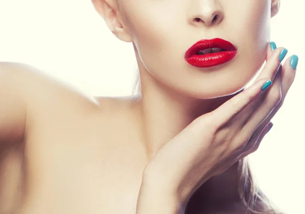 Cropped Portrait Woman Red Lips Blue Nail Polish — Stock Photo, Image