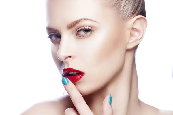 Portrait Woman Red Lips Blue Nail Polish — Stock Photo, Image
