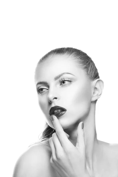Portrait Woman Dark Lips Nail Polish — Stock Photo, Image