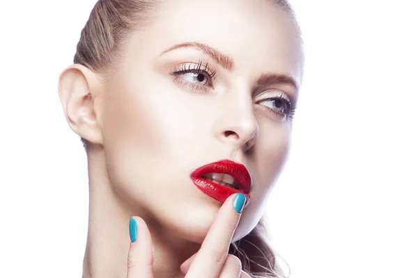 Portrait Woman Red Lips Blue Nail Polish — Stock Photo, Image