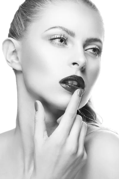 Portrait Woman Dark Lips Nail Polish — Stock Photo, Image