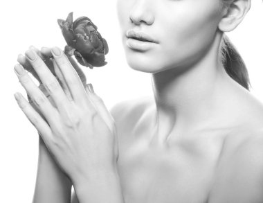 Doğal makyaj ve Şakayık çiçeği beyaz arka plan üzerinde olan kadın portresi kırpılmış