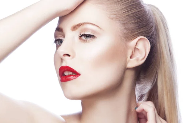 Retrato Mujer Con Maquillaje Moderno Labios Rojos —  Fotos de Stock