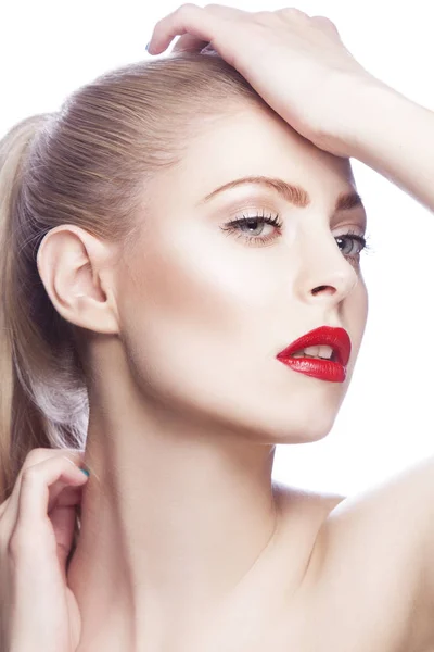 Retrato Mujer Con Maquillaje Moderno Labios Rojos — Foto de Stock