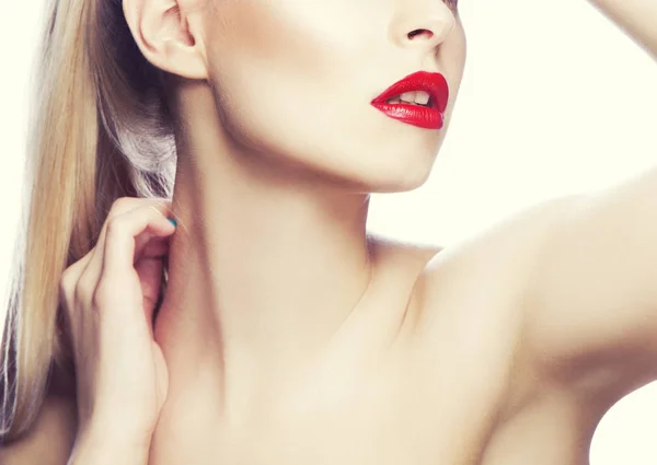 Vista Parcial Del Retrato Mujer Con Maquillaje Moderno Labios Rojos — Foto de Stock