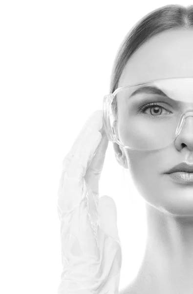 Half Young Woman Portrait Natural Makeup Eye Shield Surgical Gloves — Stock Photo, Image