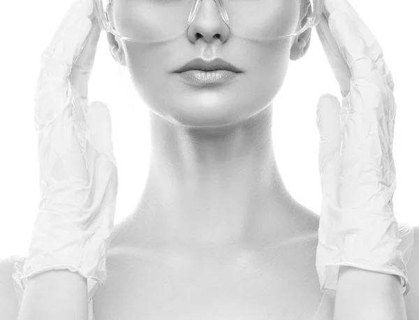 Cropped Portrait Young Woman Natural Makeup Eye Shield Surgical Gloves — Stock Photo, Image