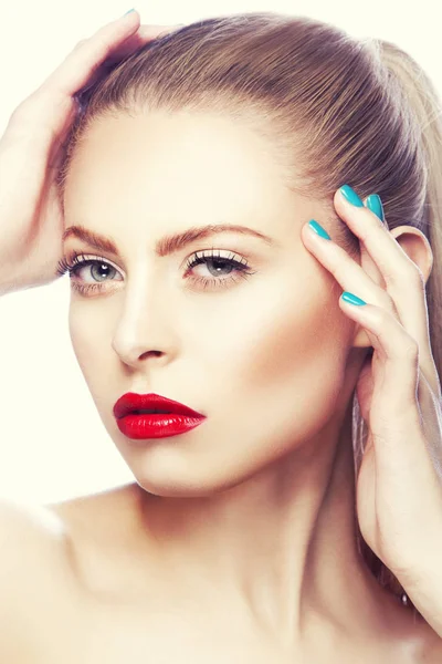 Portrait Woman Red Lips Blue Nail Polish — Stock Photo, Image