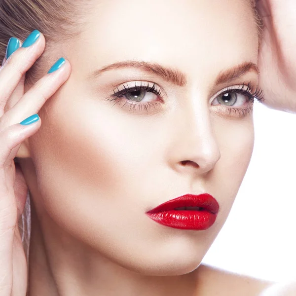 Portrait Woman Red Lips Blue Nail Polish — Stock Photo, Image