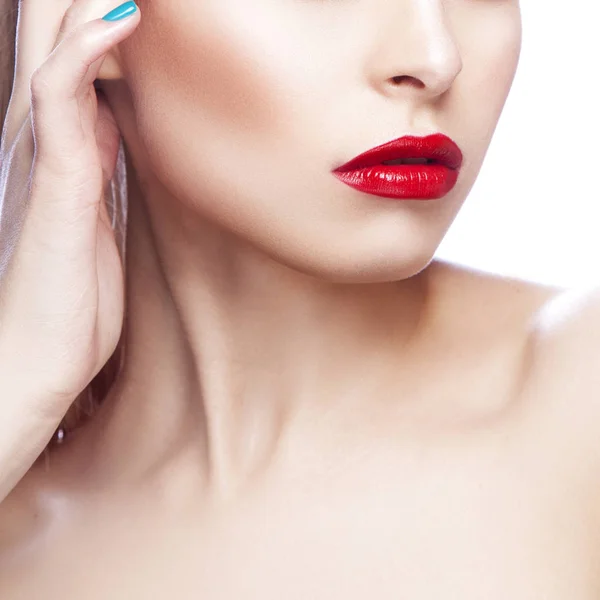 Vista Parcial Del Retrato Mujer Con Maquillaje Moderno Labios Rojos —  Fotos de Stock