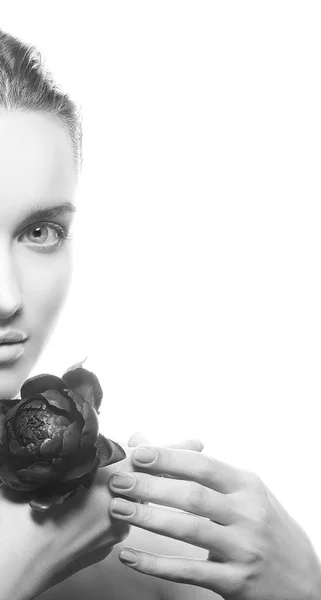Doğal Makyaj Şakayık Çiçeği Beyaz Arka Plan Üzerinde Olan Kadın — Stok fotoğraf