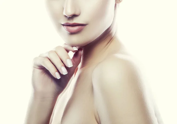 Vue Partielle Visage Féminin Avec Maquillage Naturel Sur Fond Blanc — Photo