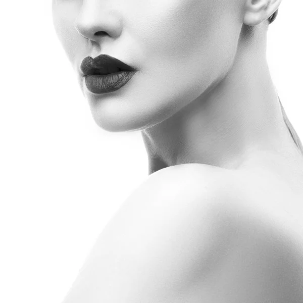 Cropped Portrait Young Woman Natural Makeup Dark Lips White Background — Stock Photo, Image