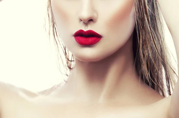 Cropped Portrait Young Woman Natural Makeup Red Lips White Background — Stock Photo, Image