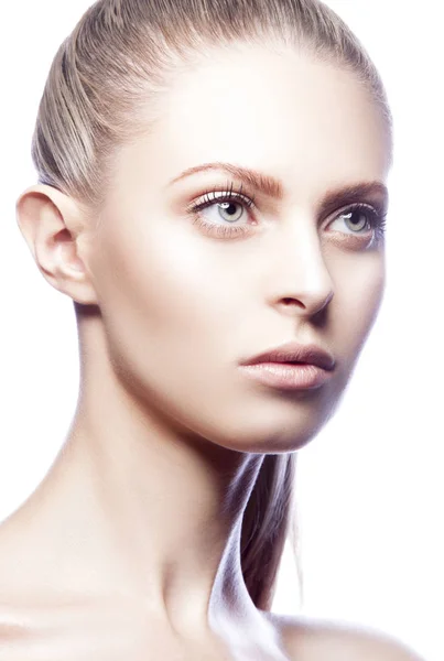 Portret Młodej Kobiety Atrakcyjne Przepięknych Blondynka Naturalnego Makijażu Patrząc Bok — Zdjęcie stockowe