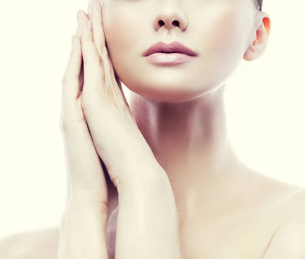 Cropped Portrait Young Woman Natural Makeup Hands Face White Background — Stock Photo, Image