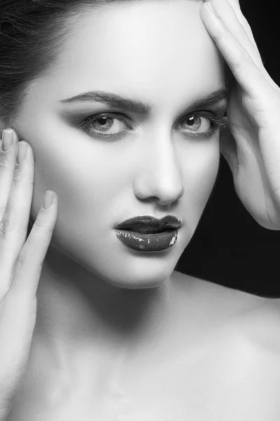 Portrait Young Woman Dark Lips Black Background — Stock Photo, Image