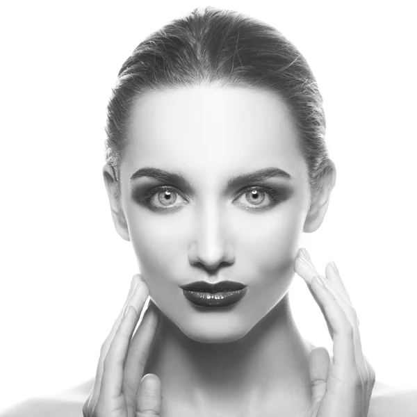 Retrato Mujer Joven Con Labios Oscuros Sobre Fondo Blanco —  Fotos de Stock