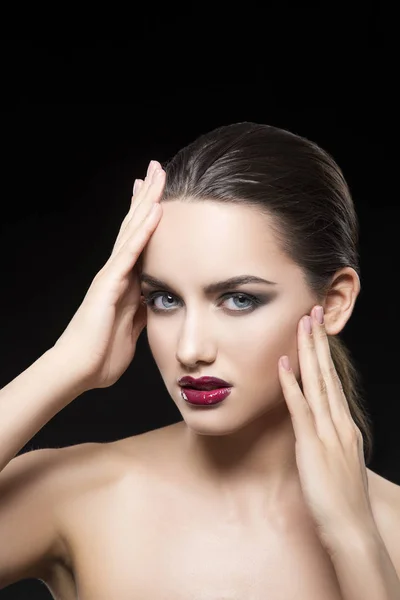 Portrait Young Woman Dark Lips Black Background Stock Picture