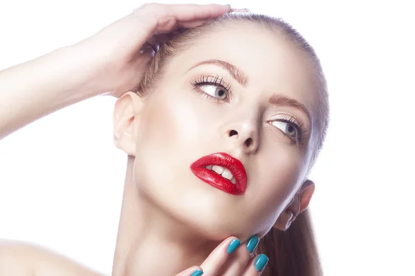 Portrait Femme Avec Lèvres Rouges Vernis Ongles Bleu — Photo