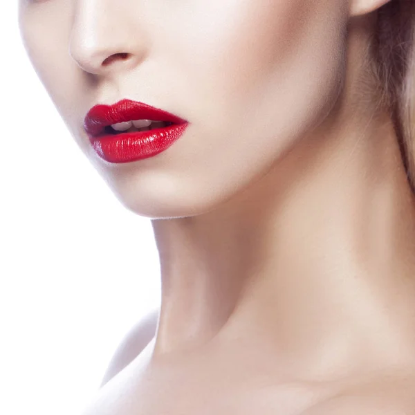 Częściowy Widok Portret Kobiety Nowoczesnym Czerwone Usta Makijażem — Zdjęcie stockowe