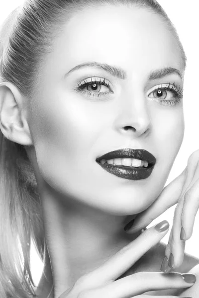 Portrait Woman Dark Lips Nail Polish White Background — Stock Photo, Image