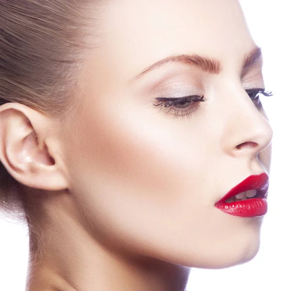 Portrait Woman Modern Red Lips Makeup — Stock Photo, Image