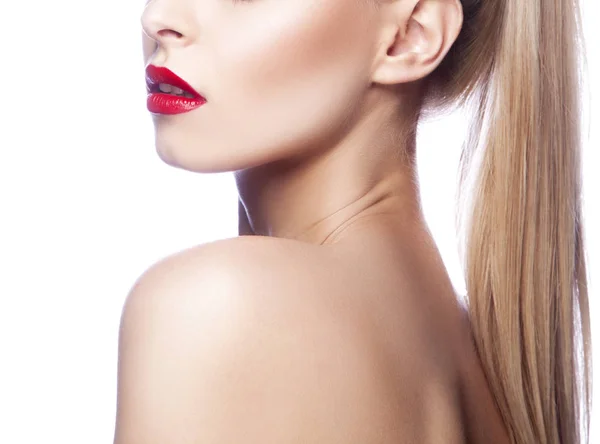 Partial View Woman Portrait Modern Red Lips Makeup — Stock Photo, Image