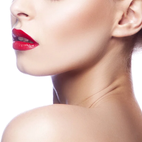 Vista Parcial Del Retrato Mujer Con Maquillaje Moderno Labios Rojos —  Fotos de Stock