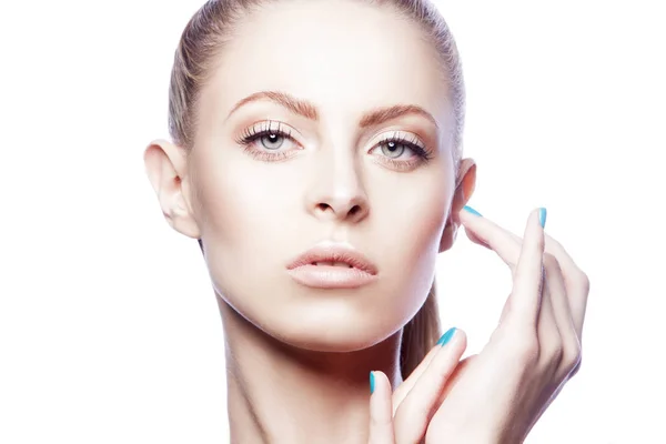 Portrait Young Woman Natural Makeup Blue Nail Polish — Stock Photo, Image