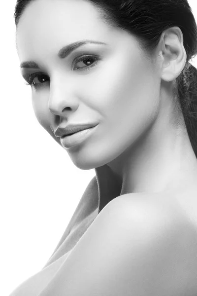 Portrait Brunette Woman Natural Makeup Tender Smile Face White Background — Stock Photo, Image