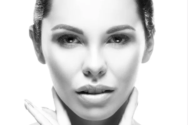 Portrait Brunette Woman Natural Makeup Tender Smile Face White Background — Stok Foto
