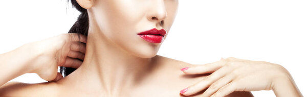 Partial view of woman portrait with modern red lips makeup