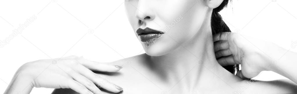 Partial view of woman portrait with modern dark lips makeup