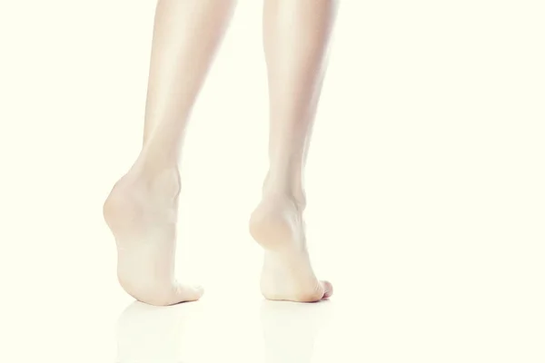 女性赤脚站在白色背景的脚尖的背面视图 — 图库照片