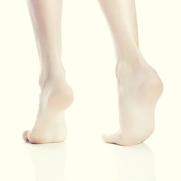 Вид Ззаду Жіночі Голі Ноги Стоять Кінчиках Білому Тлі — стокове фото