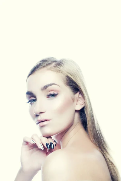 Portrait Young Elegant Woman Natural Makeup White Background — Stok Foto