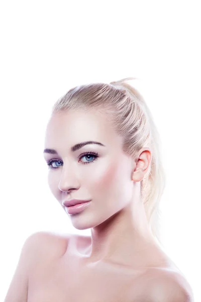 Cute Beauty Model Woman Face Healthy Skin Perfect Lips Nude — Stok Foto